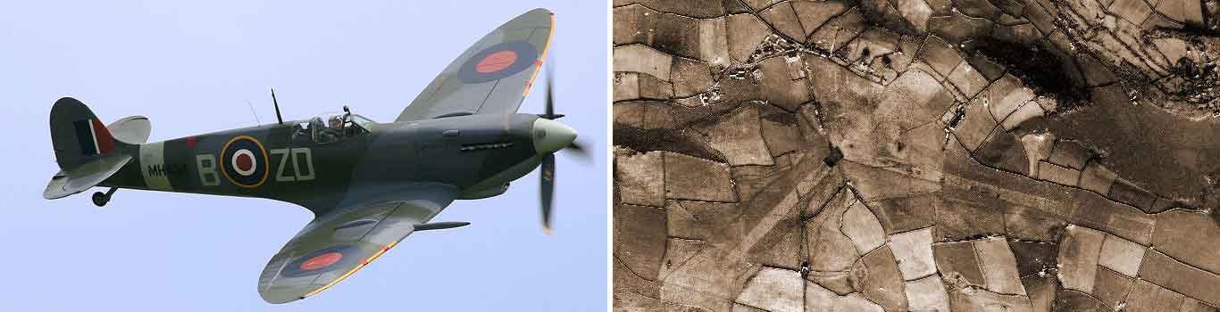 A Spitfire and an aerial photo of the Bolt Head airfield
